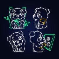 lindo paquete de personajes de luz de neón kawaii panda. Adorable, feliz y divertido animal comiendo bambú, agitando la mano pegatina aislada, conjunto de parches. anime bebé oso panda garabatos emojis iconos brillantes vector
