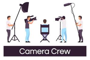 Camera crew flat vector illustrations set. Director sitting in chair, cameraman isolated cartoon characters. Filmmaking studio members with professional equipment. Sound operator, lightning technician