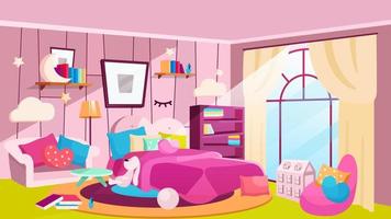 Girls bedroom at daytime flat vector illustration. Spacious room with bed, bookshelves, picture on wall. Girlish house interior with pink sofa, armchair, blanket. Decorative cloud-shaped lamps