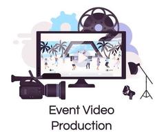 icono de concepto plano de producción de video de eventos. videografia, fotografia y cine pegatina, clipart. grabación y retransmisión de conciertos en directo. ilustración de dibujos animados aislado sobre fondo blanco vector