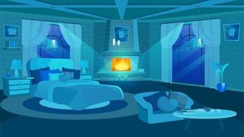 Old house bedroom interior at night flat vector illustration. Huge bed near panoramic window. Cartoon fireplace, sofa and coffee table in spacious empty room. Antique style brick walls with paintings