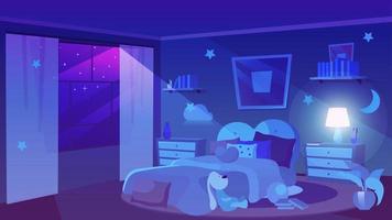 Ilustración de vector plano de vista nocturna de dormitorio infantil. estrellas en el cielo violeta oscuro en la ventana panorámica. interior de la habitación de niña con peluche, nubes decorativas en las paredes. mesitas de noche con jarrón, lámpara