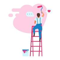Young man choosing color for interior design flat vector illustration. Painter painting wall with roller brush on ladder cartoon character. Home service and house reconstruction. Apartment repair