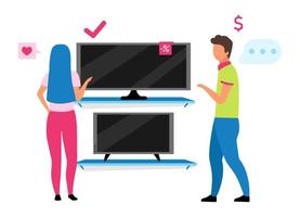 Couple choosing tv flat vector illustration. Shop assistant helping woman to buy tv set in home appliance store cartoon characters. Family shopping, husband and wife making choice in mall