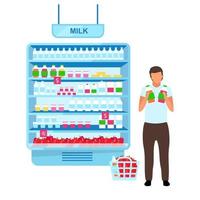 Man choosing yogurt in grocery store flat vector illustration. Customer selecting dairy products in supermarket cartoon character. Shopping at farmers market. Buyer in mall doing purchases