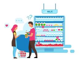 Family choosing milk flat vector illustration. Indecisive couple in supermarket buying dairy products cartoon characters. Farmers market assortment shelf. Wife, husband making product choice in store