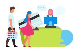 Family at cash desk flat vector illustration. Couple and cashier in grocery store cartoon characters. Wife and husband doing purchases. Cashless payment. Consumers in supermarket buying goods