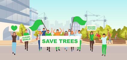 Save trees social protest flat vector illustration. Ecological movement, environmental activism concept. Activists with placards on street protesting against illegal construction cartoon characters