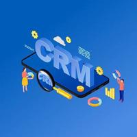 Smartphone CRM app isometric illustration. Customer relationship management system mobile application, software. Marketing automation. Client database on phone 3d concept isolated on blue background vector