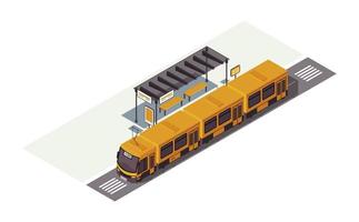 Ilustración de vector de color isométrico de parada de tranvía. estación de espera. infografía de transporte público urbano. transporte de la ciudad. tráfico de la ciudad. Auto concepto 3d aislado sobre fondo blanco.