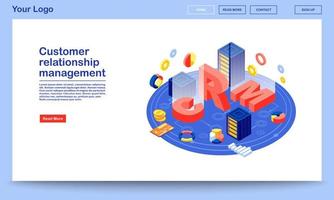 Customer relationship management database isometric landing page template. CRM hosting website interface. Client data server webpage. Digital technology in business and marketing automation 3d concept vector