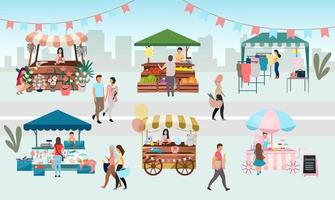 Street fair flat vector illustration. Outdoor market stalls, summer trade tents with sellers and buyers. Flowers, farmers food and products, clothes city kiosks. Local urban shops cartoon concept