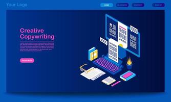 Creative copywriting landing page vector template. Content writing website interface idea with flat illustrations. Digital marketing tool, blogging homepage layout. Web banner, webpage cartoon concept