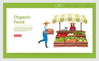 Plantilla de vector de página de destino de alimentos orgánicos. idea de interfaz de sitio web de puesto de mercado de agricultores con ilustraciones planas. diseño de la página de inicio de la tienda de verduras al aire libre de verano. banner web, concepto de dibujos animados de página web