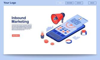 Inbound marketing landing page template. Media advertising website interface with flat illustrations. SMM, mobile marketing content homepage layout. Customer attraction web banner, webpage concept vector