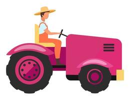 Agricultural machinery flat vector illustration. Farm worker driving agriculture mini tractor cartoon character. Harvesting and cultivation vehicle. Farming equipment. Farmer, tractor driver