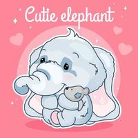 Cute elephant kawaii character social media post mockup. Cutie elephant lettering. Positive poster template with animal hugging plush toy. Social media content layout. Print, kids book illustration vector