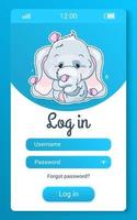 Cute elephant kids mobile app screen with cartoon kawaii character. Log in, create account smartphone game, social media application mockup. User profile registration blue vector pages with animal