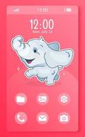 Home screen smartphone interface template with elephant kawaii character. Mobile app page pink layout. Cartoon homepage UI for kids application. Phone display with anime animal, app icons and tabs vector