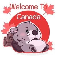 Cute lazy beaver canadian symbol kawaii character social media post mockup. Welcome to Canada typography. Poster, card template with mascot and maple leaves. Social media content, print design layout vector