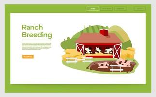 plantilla de vector de página de aterrizaje de cría de rancho. idea de interfaz de sitio web de ganadería y ganadería con ilustraciones planas. granja lechera, diseño de página de inicio de producción de carne. banner web,