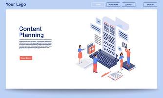 Content planning and management landing page template. Copywriting, blogging website interface with flat illustrations. SMM, digital marketing homepage layout. Create SEO texts web banner, webpage vector