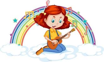 niña tocando la guitarra en la nube con arcoiris vector