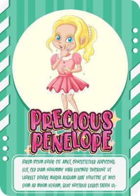 Character game card template with word Precious Penelope