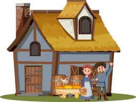 Ancient farmhouse with people on white background vector