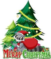 Merry Christmas text logo with Christmas tree and cute raccoon vector