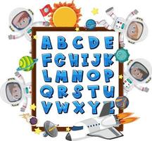 Alphabet A-Z and math symbols on a board with many kids in astronaut costumes vector