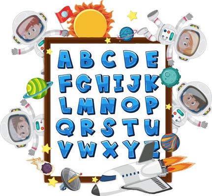 Alphabet A-Z and math symbols on a board with many kids in astronaut costumes