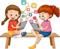 niños que usan tableta con iconos de educación vector