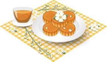 Pile of mooncakes with teacup set on tablecloth vector