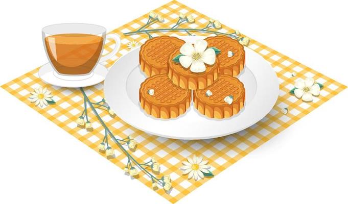 Pile of mooncakes with teacup set on tablecloth