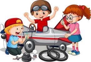 Children repairing a plane together vector