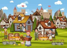 Medieval town scene with villagers vector