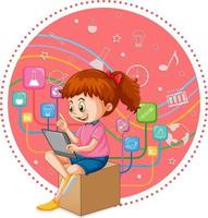 niña joven con tableta con objetos educativos vector