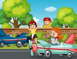 Escena al aire libre con coche de carreras para niños. vector