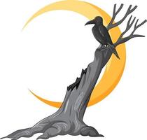 Cuervo negro de pie sobre un árbol muerto con luna creciente vector