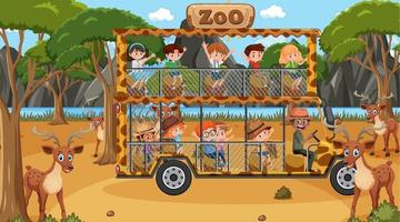Safari at daytime scene with children watching deer group vector