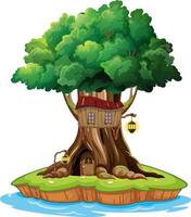 Casa del árbol de fantasía dentro del tronco de un árbol sobre fondo blanco. vector