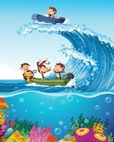 Little monkeys on a boat with ocean wave vector