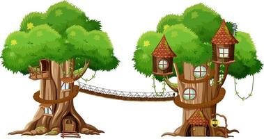 dos casas en los árboles con puente de cuerda vector