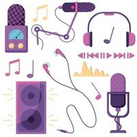 icono de podcast y audio en un estilo plano, aislado en un fondo blanco. micrófono, registro, colección de iconos de ondas de música. vector