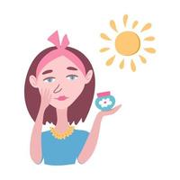 Hand drawn female character applies sunscreen from a jar. Korean cosmetics beauty skin care concept. Vector cartoon illustration