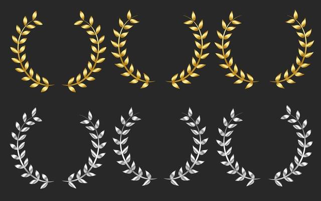 Set of gold and silver laurel wreath vector isolated background.