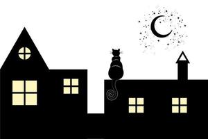 Black Cat sits on the roof at night looks at moon and stars, vector silhouette isolated on white background