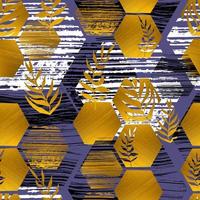 seamless pattern golden honeycomb and palm leaves on the background of horizontal striped shapes on a colored background photo