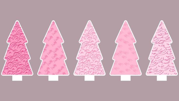 five pink monochrome Christmas trees with white outline and abstract textured pattern. flat style